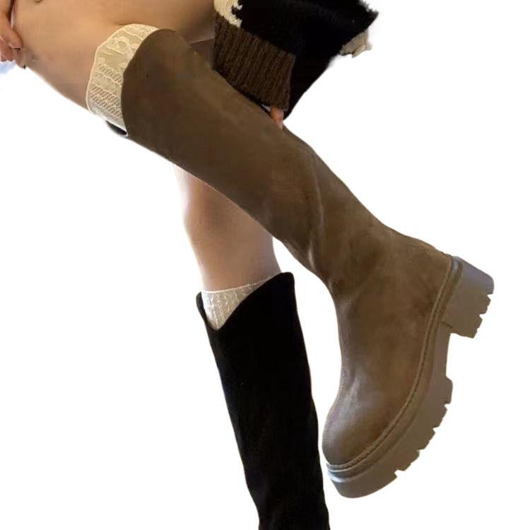 Women's Long Boots with Wide Shaft, Slim Boots, Autumn and Winter New British Style Thick-Soled Heightening Elastic Boots
