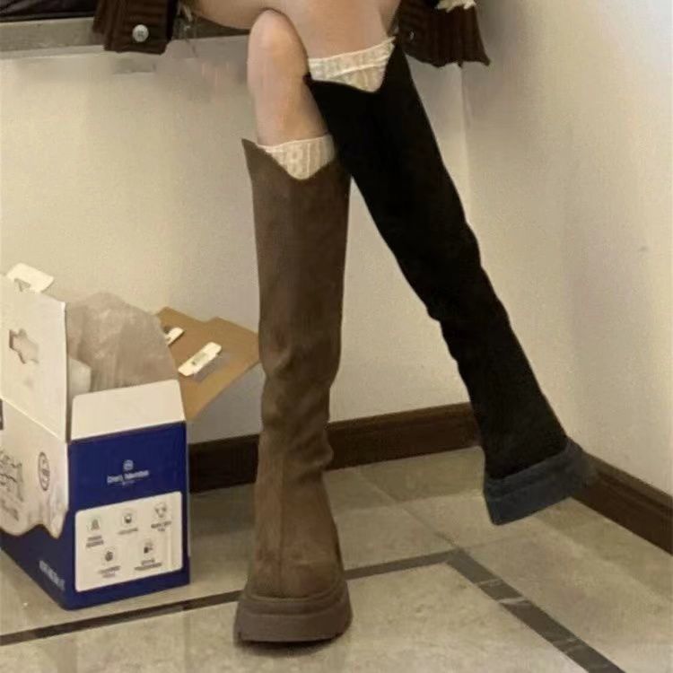 Women's Long Boots with Wide Shaft, Slim Boots, Autumn and Winter New British Style Thick-Soled Heightening Elastic Boots
