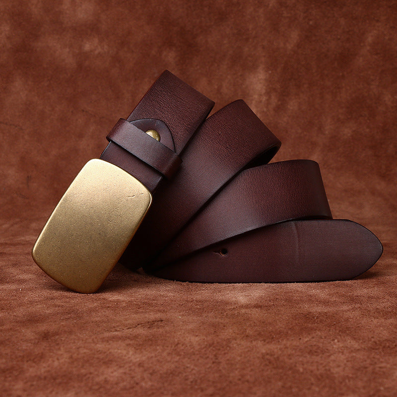 3.3CM Wide Thickened Top Layer Cowhide Belt Men's Genuine Leather Smooth Copper Buckle Belt Korean Style Plate Buckle Retro All-match Trendy