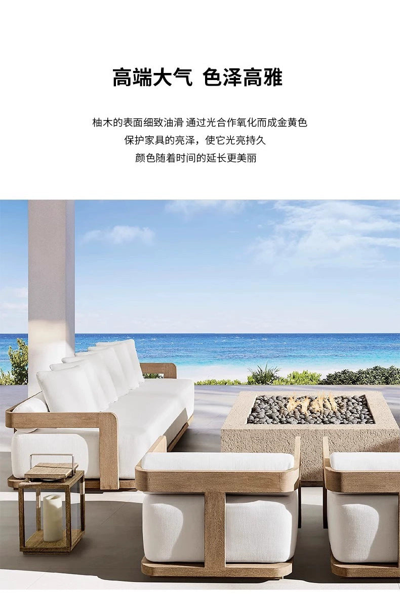 Modern Outdoor Furniture Set Waterproof  Foot Pedal with Teak Wooden Bench & Rattan Cast Sofa Garden Living Room Hotels Meuble