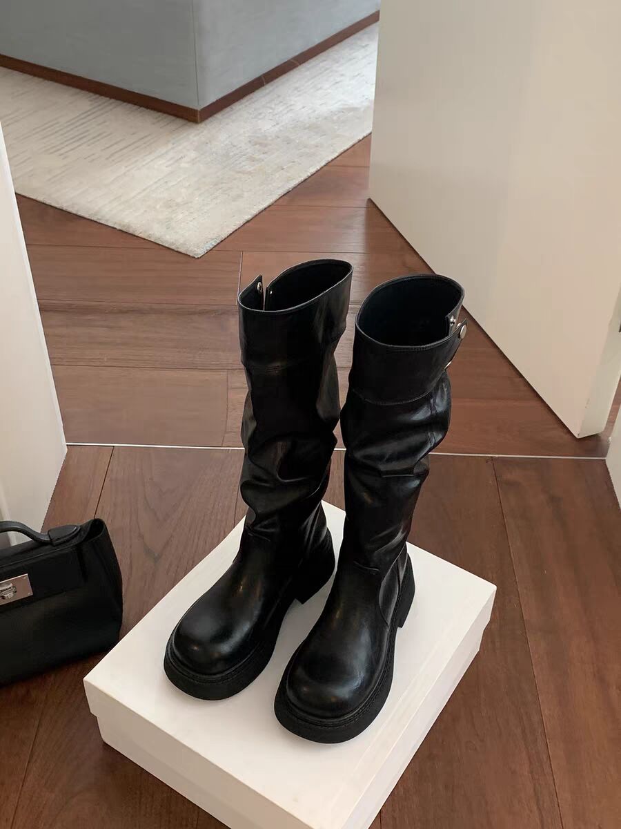 Grape Mom's Same Style Height-Increasing 5cm~ Thick-Soled Chunky Heel Snap-Button Riding Boots for Women