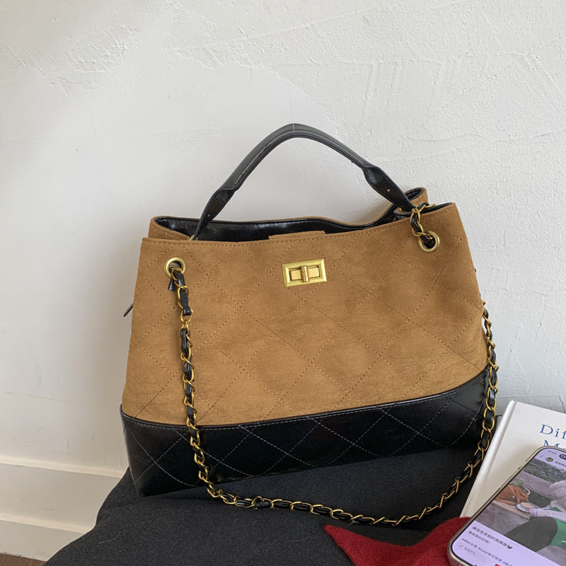 Niche Design Suede Tote Bag Korean Style Ins Lock Large Capacity Retro Fashion Versatile Satchel Crossbody Bag