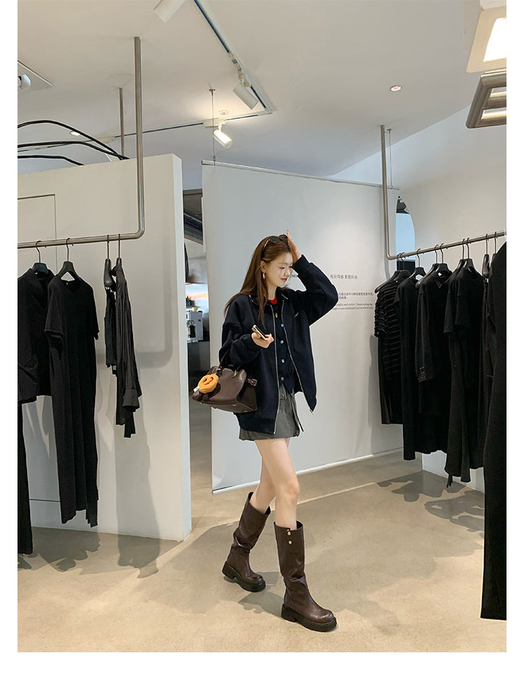 Grape Mom's Same Style in Stock~ Increase Height by 5cm~ Three-Dimensional Round Toe Thick-Soled Chunky Heel Snap-Button Riding Boots for Women