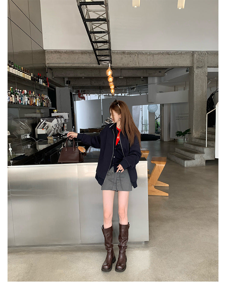 Grape Mom's Same Style in Stock~ Increase Height by 5cm~ Three-Dimensional Round Toe Thick-Soled Chunky Heel Snap-Button Riding Boots for Women
