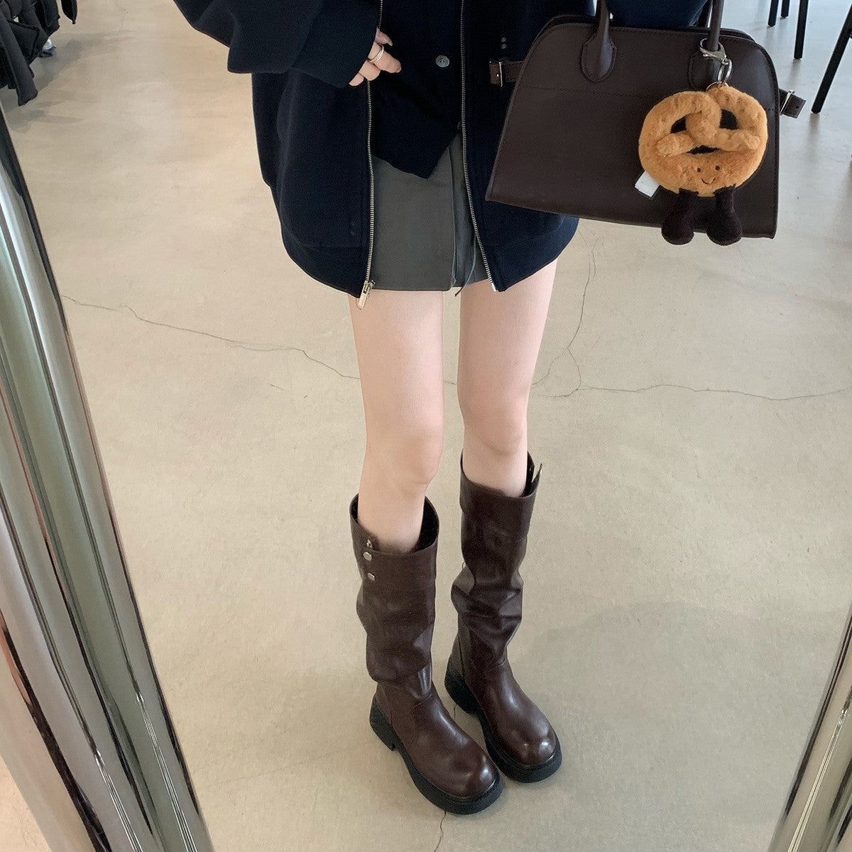 Grape Mom's Same Style in Stock~ Increase Height by 5cm~ Three-Dimensional Round Toe Thick-Soled Chunky Heel Snap-Button Riding Boots for Women