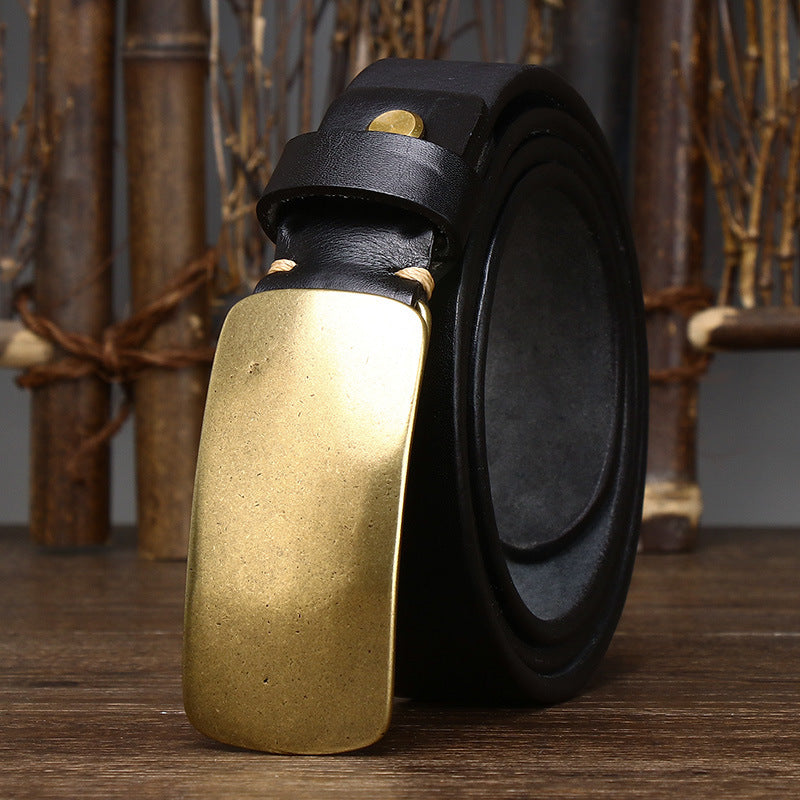 3.3CM Wide Thickened Top Layer Cowhide Belt Men's Genuine Leather Smooth Copper Buckle Belt Korean Style Plate Buckle Retro All-match Trendy