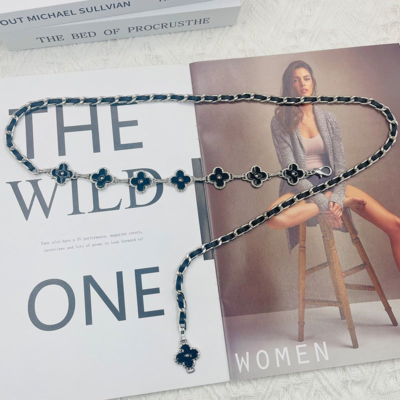 Fragrant Style Waist Chain Accessories Women's Summer Metal Four-leaf Clover Two-sided Available Splicing Chain All-match Thin Chain Belt Pants Chain