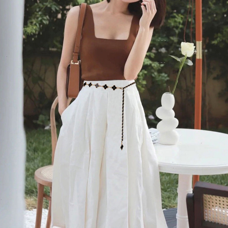 Fragrant Style Waist Chain Accessories Women's Summer Metal Four-leaf Clover Two-sided Available Splicing Chain All-match Thin Chain Belt Pants Chain