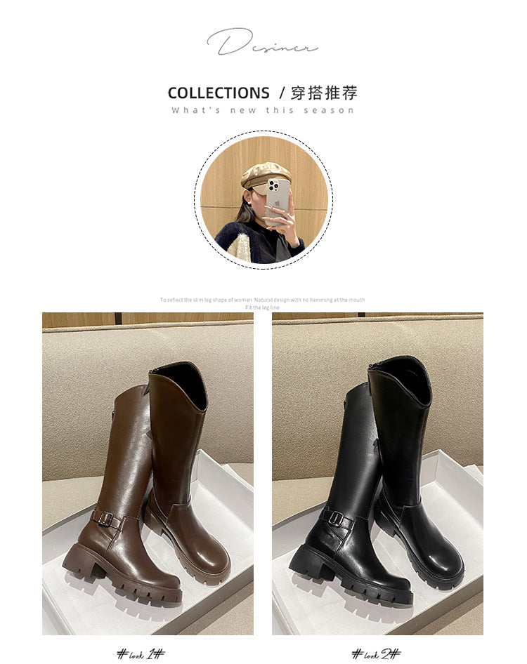 Women's Long Boots 2026 Autumn and Winter New Style Versatile Thick-Soled Chunky Heel Over-The-Knee Belt Buckle Height-Increasing Long Boots