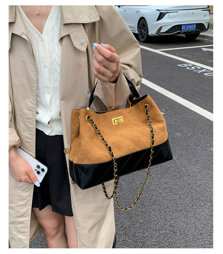 Niche Design Suede Tote Bag Korean Style Ins Lock Large Capacity Retro Fashion Versatile Satchel Crossbody Bag