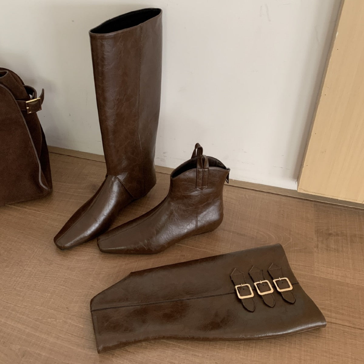 Women's Winter Boots 2025 New Square Toe Chunky Wedge Two-Way Retro Riding Boots Soft Sole Brown Leg Sleeve Boots for Women