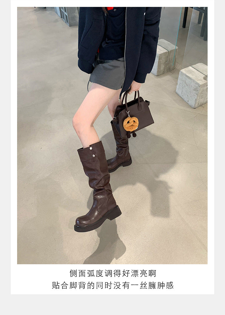 Grape Mom's Same Style in Stock~ Increase Height by 5cm~ Three-Dimensional Round Toe Thick-Soled Chunky Heel Snap-Button Riding Boots for Women