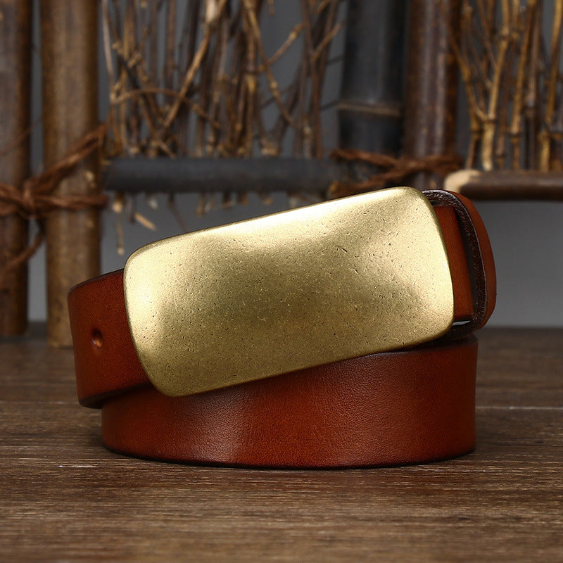 3.3CM Wide Thickened Top Layer Cowhide Belt Men's Genuine Leather Smooth Copper Buckle Belt Korean Style Plate Buckle Retro All-match Trendy