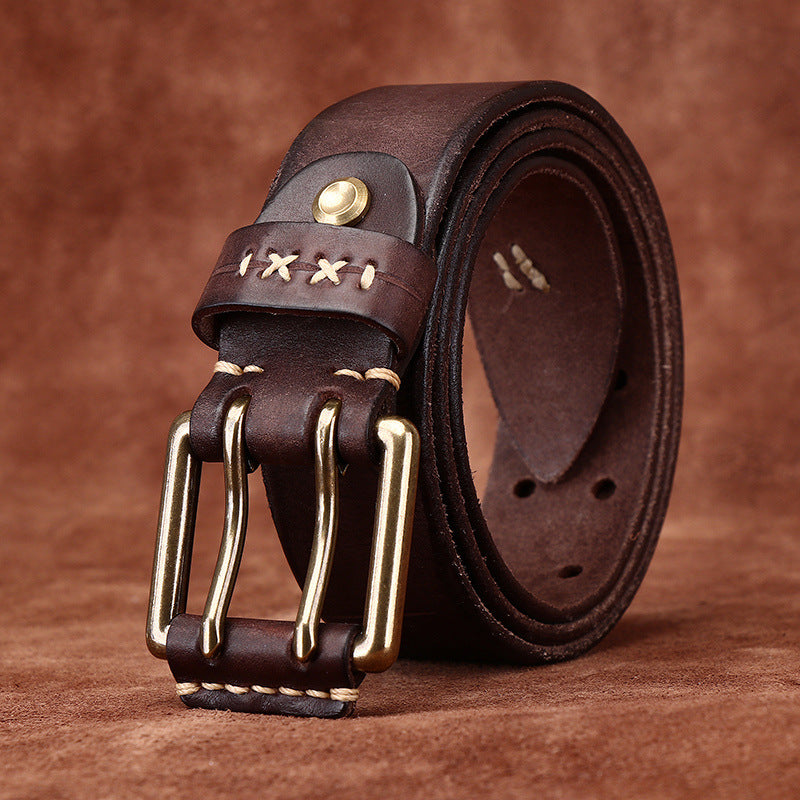 Retro Korean Style Trendyy Stylish Ins Double Pin Buckle Belt Men's Genuine Leather New Young People's Jeans Belt
