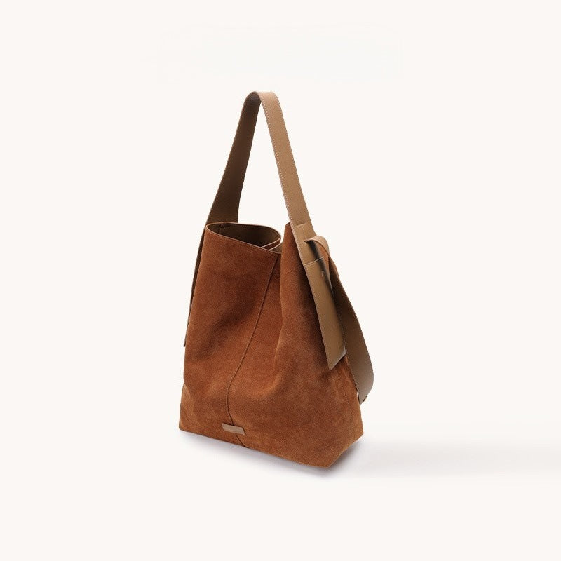 In-Stock Songshanxia Suede Ear-Hanging Tote Bag, Large Capacity Bucket Bag, Versatile for Commuting, Single Shoulder Crossbody Bag for Women