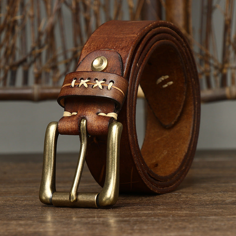 Washed Retro Old Trendyy Stylish Pull-Out First-Layer Cowhide Belt Men's Genuine Leather Pin Buckle Jeans Belt Men's Style