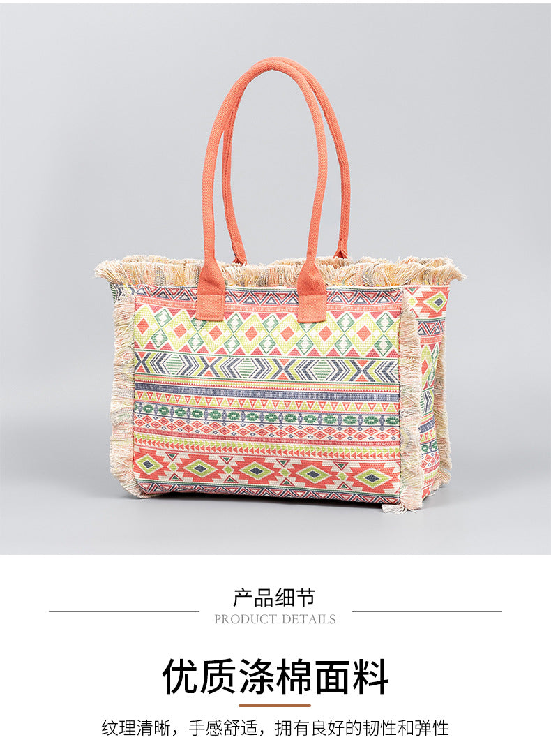 European and American Cross-Border Tote Bag Bohemian Retro Shoulder Bag Zipper Handbag Large Capacity Canvas Bag Women Summer