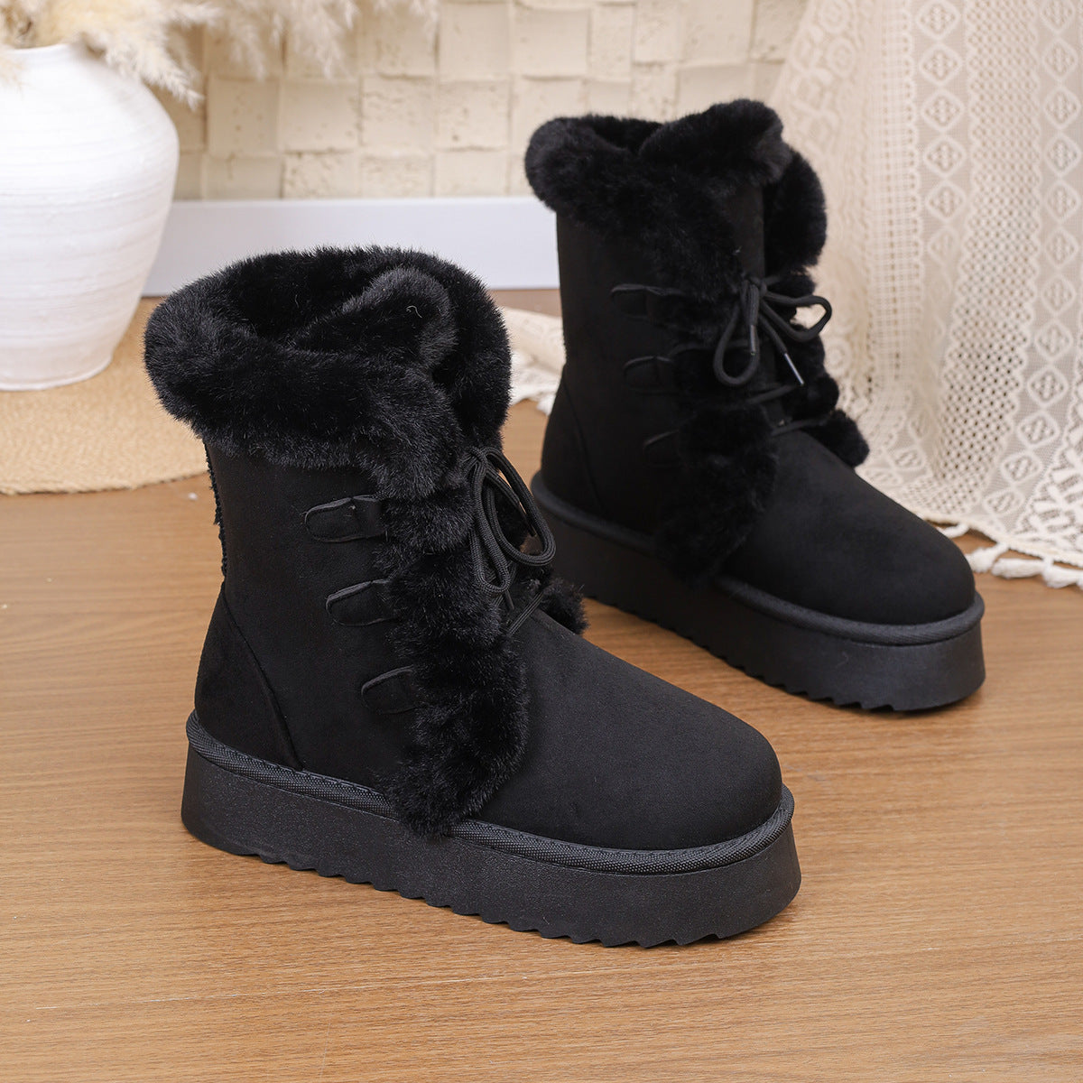Women's Snow Boots 2025 Winter New Style Furry Women's Boots Thickeneded Snow Cotton Thick Sole Fleece-Lined Mid-Calf Large Size Cotton Boots