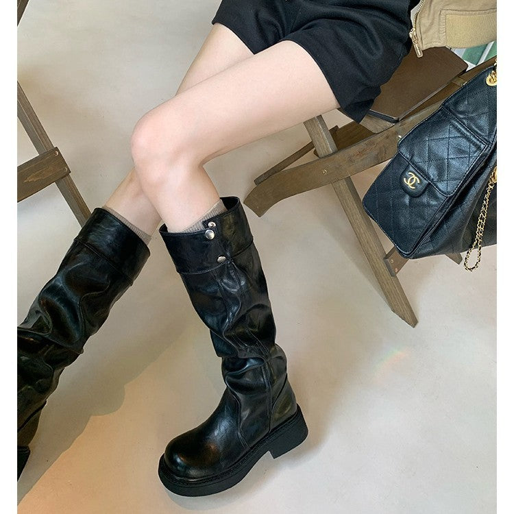 Grape Mom's Same Style in Stock~ Increase Height by 5cm~ Three-Dimensional Round Toe Thick-Soled Chunky Heel Snap-Button Riding Boots for Women