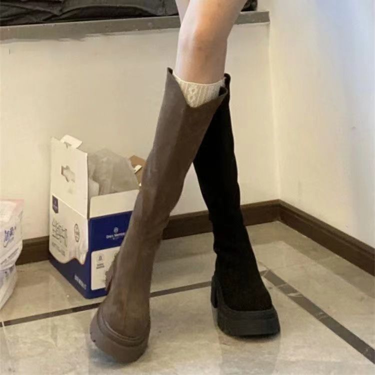 Women's Long Boots with Wide Shaft, Slim Boots, Autumn and Winter New British Style Thick-Soled Heightening Elastic Boots