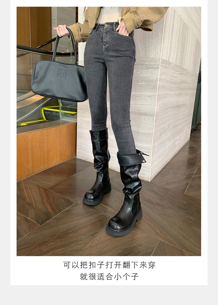 Grape Mom's Same Style in Stock~ Increase Height by 5cm~ Three-Dimensional Round Toe Thick-Soled Chunky Heel Snap-Button Riding Boots for Women