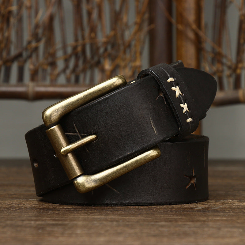 Washed Retro Old Trendyy Stylish Pull-Out First-Layer Cowhide Belt Men's Genuine Leather Pin Buckle Jeans Belt Men's Style