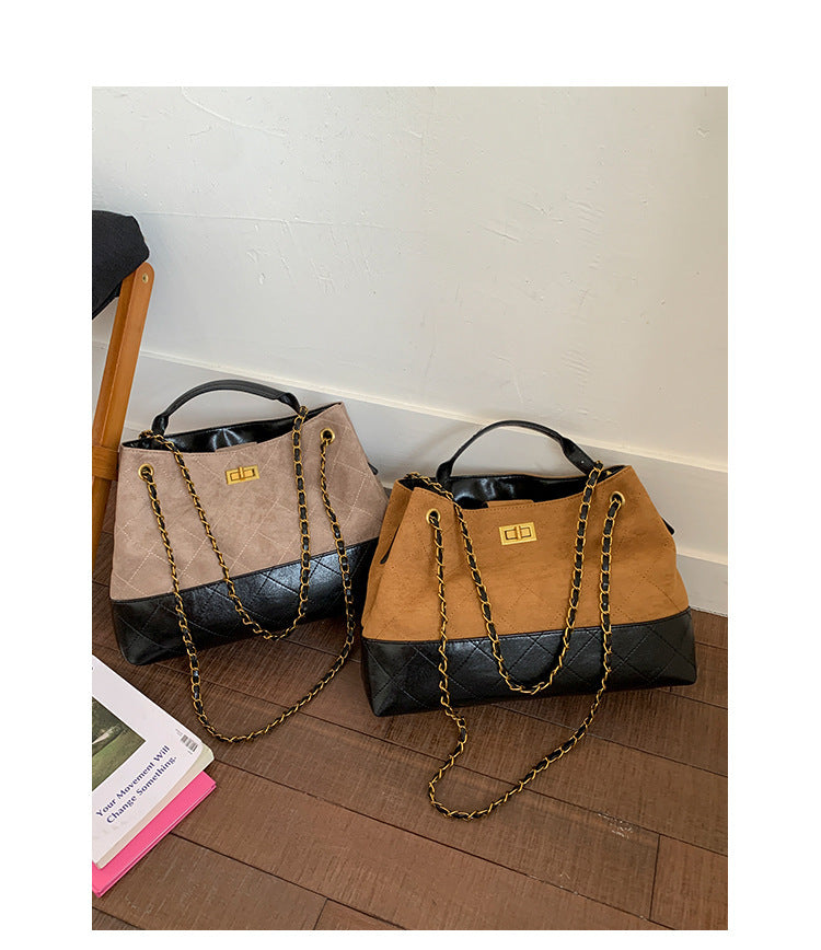 Niche Design Suede Tote Bag Korean Style Ins Lock Large Capacity Retro Fashion Versatile Satchel Crossbody Bag