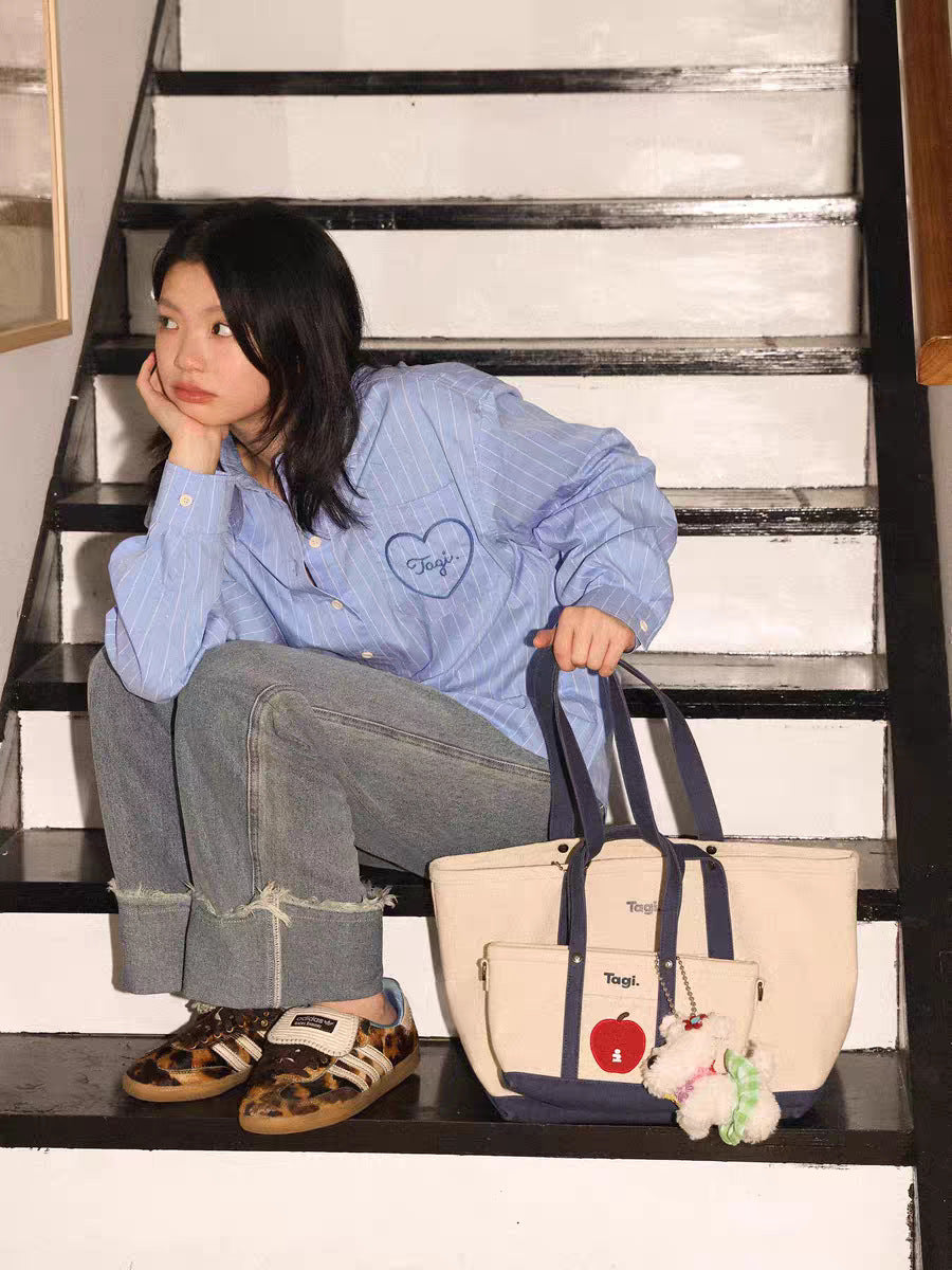 Tagi. "Imagine Apple" Color Block Commuting Retro Shoulder Bag Canvas Tote Handheld Crossbody Bag