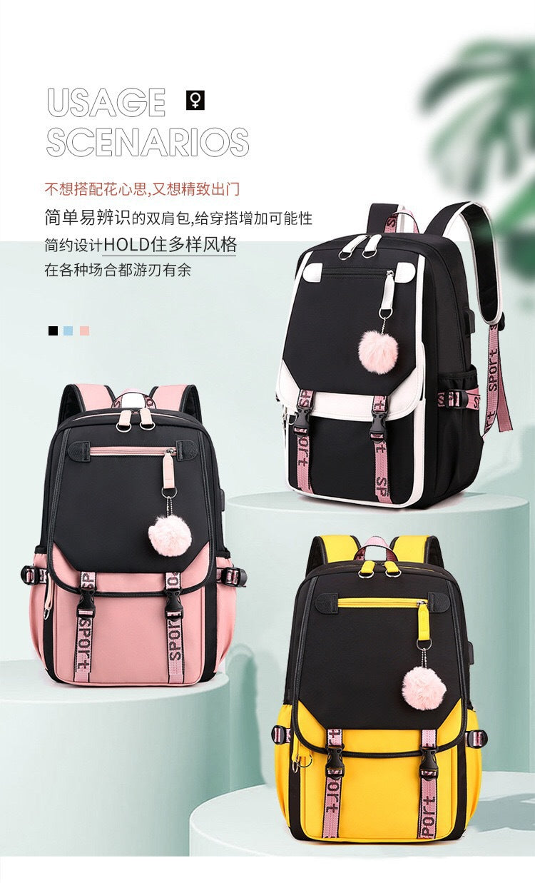Backpack, Primary School, Middle School and High School Student School Bag, Fur Ball Bag, Multi-Color Selection, Large Capacity Simple Bag, Sports and Leisure Bag