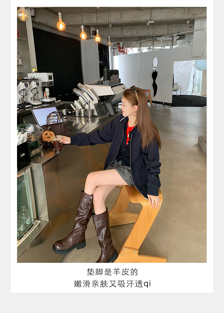 Grape Mom's Same Style in Stock~ Increase Height by 5cm~ Three-Dimensional Round Toe Thick-Soled Chunky Heel Snap-Button Riding Boots for Women