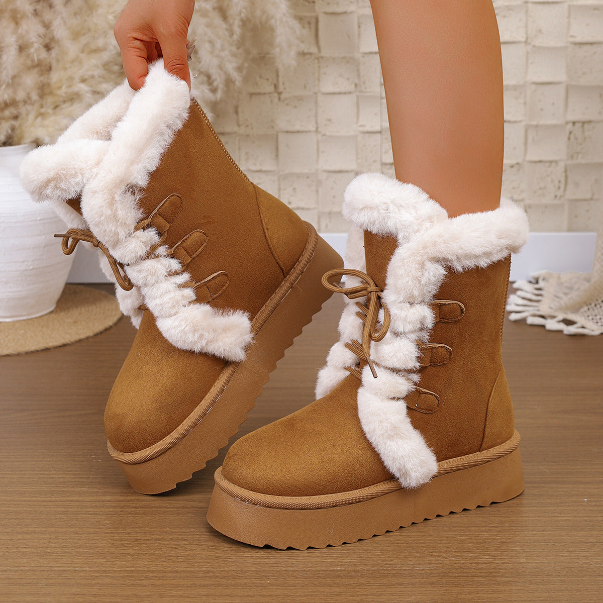 Women's Snow Boots 2025 Winter New Style Furry Women's Boots Thickeneded Snow Cotton Thick Sole Fleece-Lined Mid-Calf Large Size Cotton Boots
