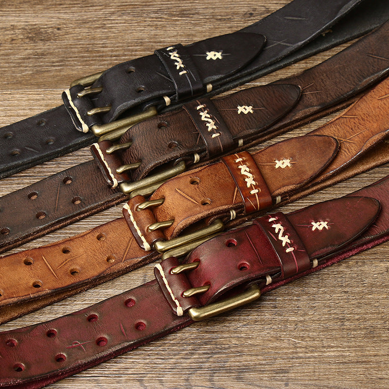 Retro Korean Style Trendyy Stylish Ins Double Pin Buckle Belt Men's Genuine Leather New Young People's Jeans Belt