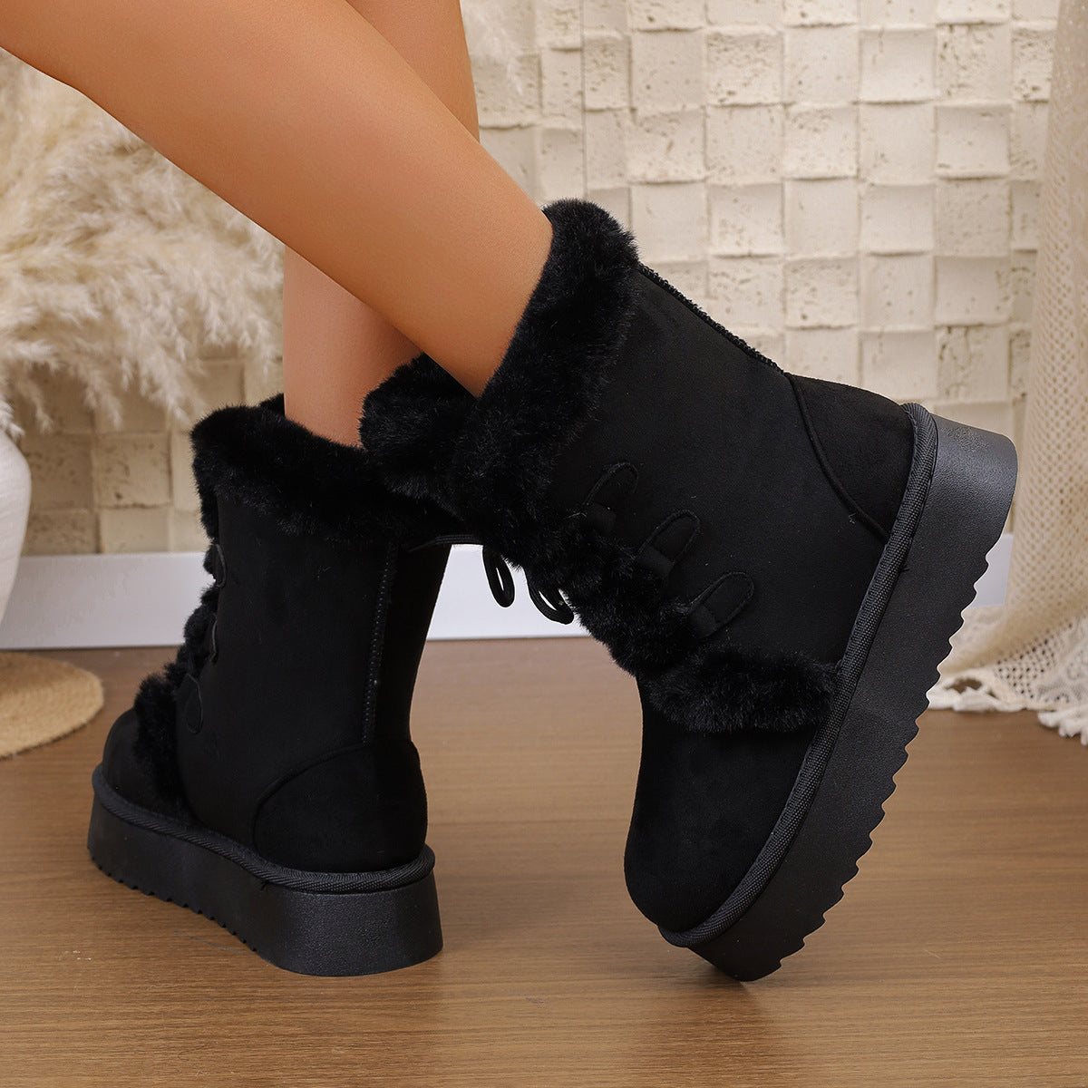 Women's Snow Boots 2025 Winter New Style Furry Women's Boots Thickeneded Snow Cotton Thick Sole Fleece-Lined Mid-Calf Large Size Cotton Boots