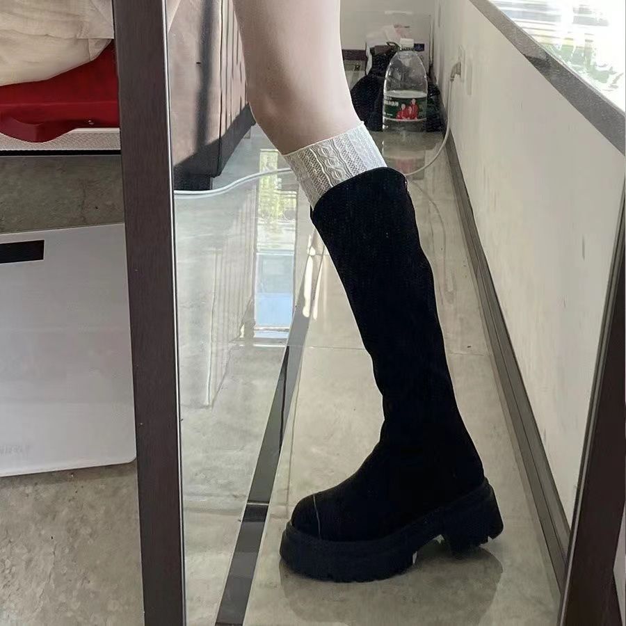 Women's Long Boots with Wide Shaft, Slim Boots, Autumn and Winter New British Style Thick-Soled Heightening Elastic Boots