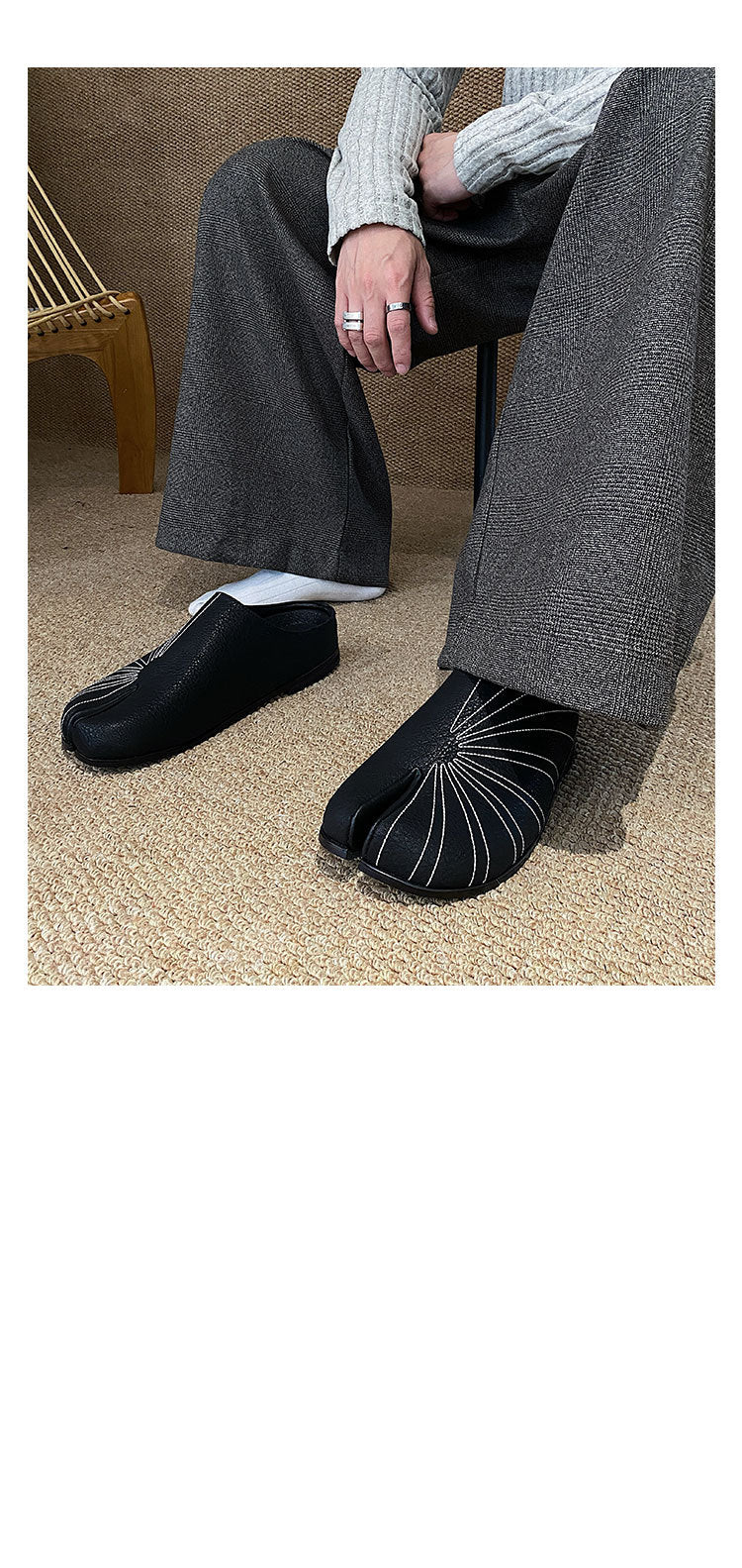 Original Design Genuine Leather Retro Toe-Cap Half Slippers for Men, Split-Toe Shoes, Versatile Sandals