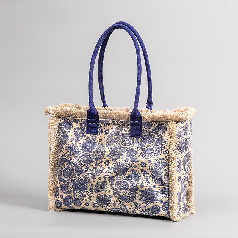 European and American Cross-Border Tote Bag Bohemian Retro Shoulder Bag Zipper Handbag Large Capacity Canvas Bag Women Summer