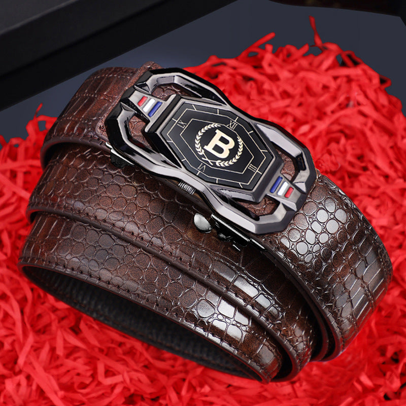 TikTok Explosive Men's Crocodile Pattern Belt High-end Atmospheric Leather Automatic Buckle Middle-aged Leisure Business Belt Trendy