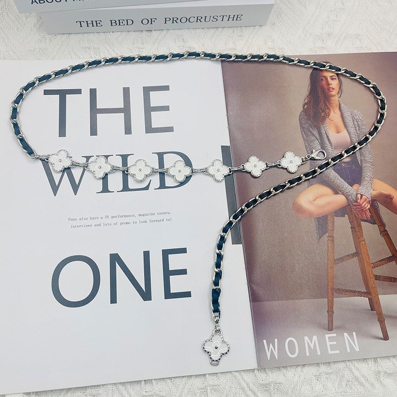 Fragrant Style Waist Chain Accessories Women's Summer Metal Four-leaf Clover Two-sided Available Splicing Chain All-match Thin Chain Belt Pants Chain