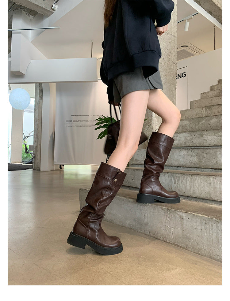 Grape Mom's Same Style in Stock~ Increase Height by 5cm~ Three-Dimensional Round Toe Thick-Soled Chunky Heel Snap-Button Riding Boots for Women