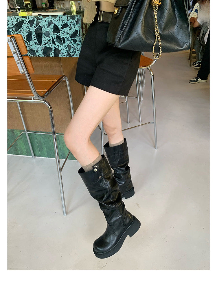 Grape Mom's Same Style in Stock~ Increase Height by 5cm~ Three-Dimensional Round Toe Thick-Soled Chunky Heel Snap-Button Riding Boots for Women