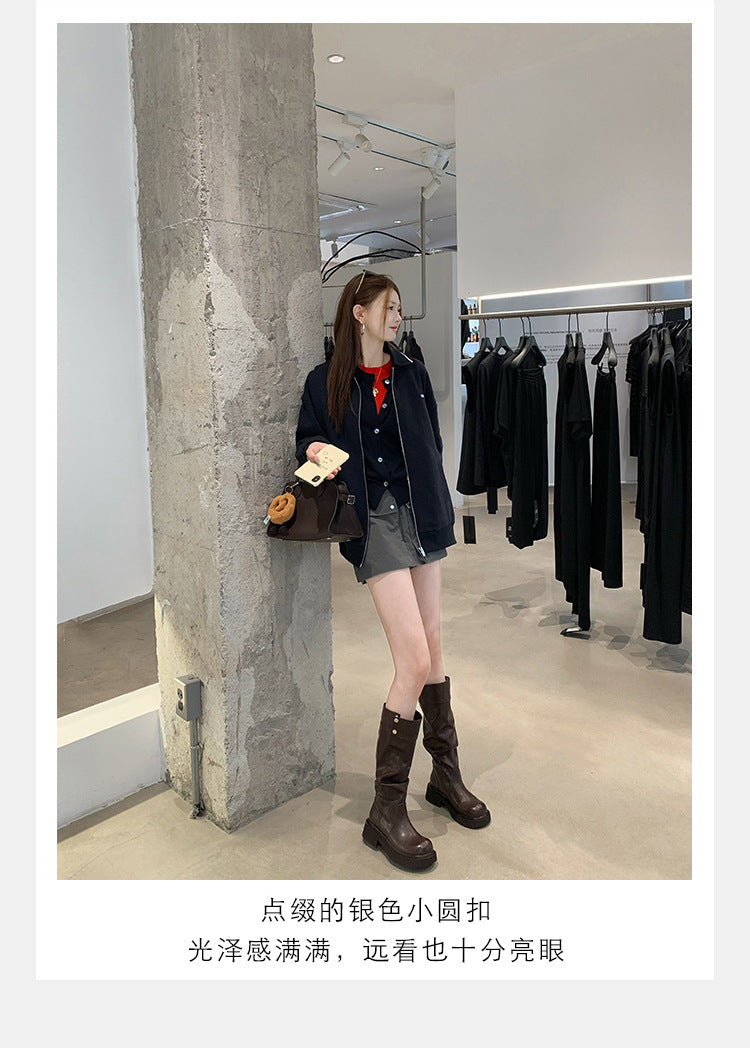 Grape Mom's Same Style in Stock~ Increase Height by 5cm~ Three-Dimensional Round Toe Thick-Soled Chunky Heel Snap-Button Riding Boots for Women
