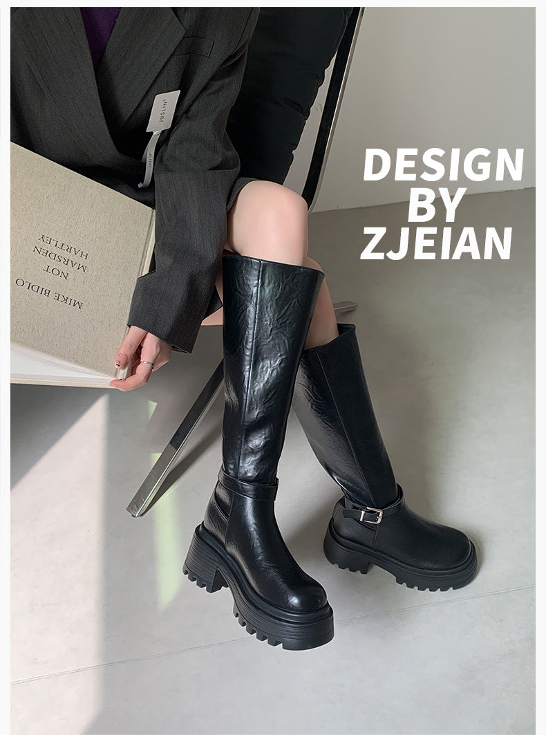 Maillard Thick-Soled Long Boots for Women 2025 Autumn and Winter New Style Small Inner Heightening Over-The-Knee Knight Boots