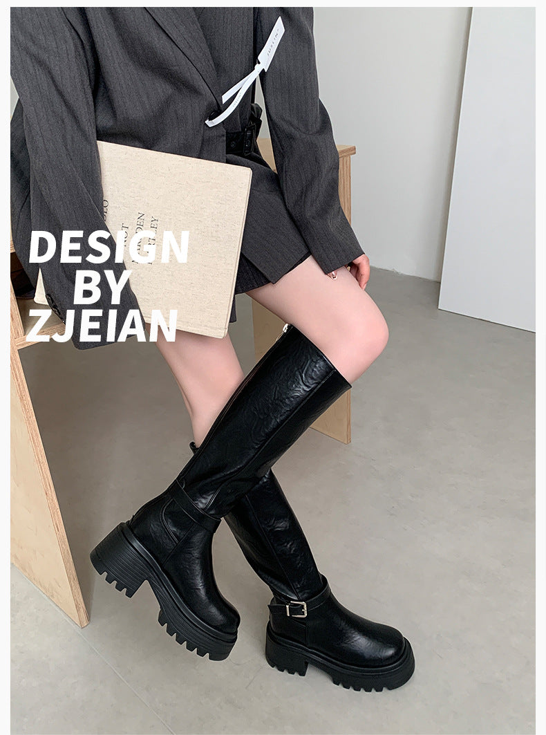 Maillard Thick-Soled Long Boots for Women 2025 Autumn and Winter New Style Small Inner Heightening Over-The-Knee Knight Boots