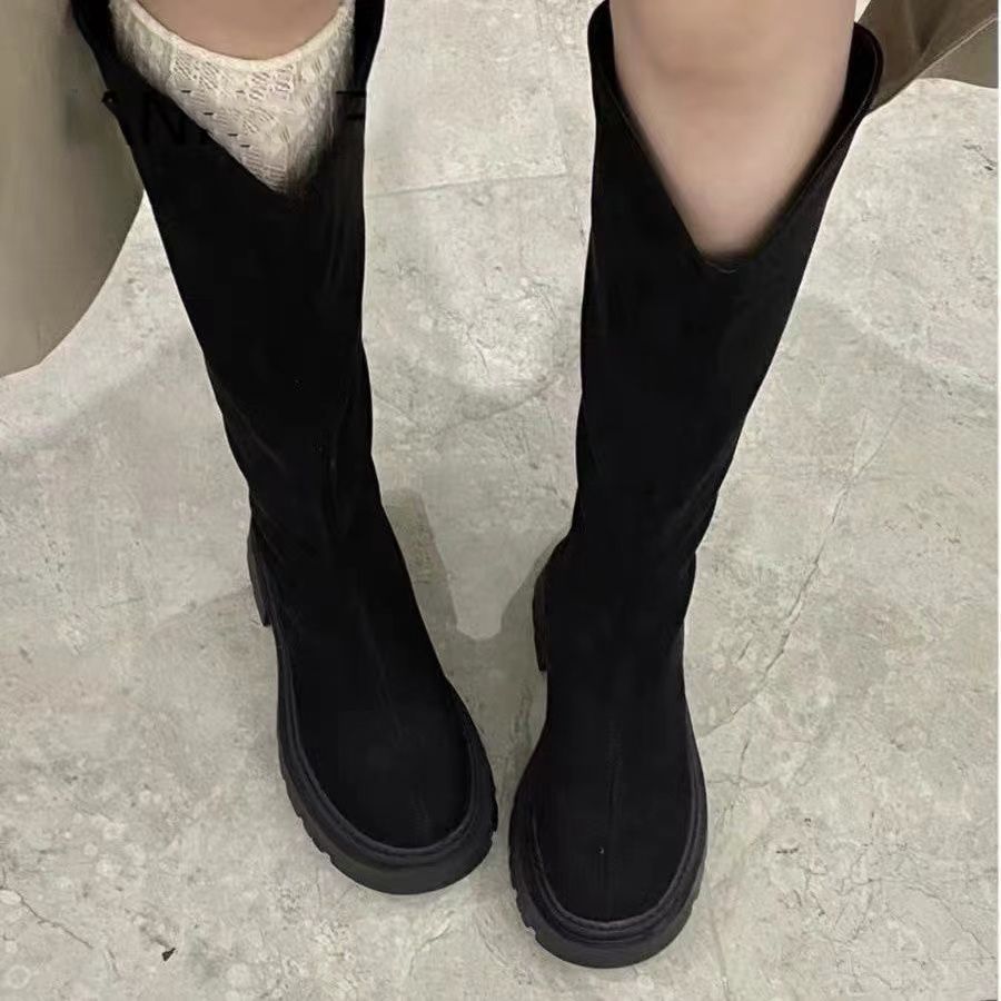Women's Long Boots with Wide Shaft, Slim Boots, Autumn and Winter New British Style Thick-Soled Heightening Elastic Boots