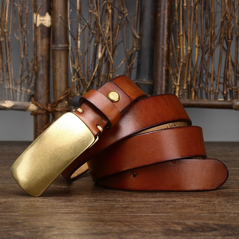 3.3CM Wide Thickened Top Layer Cowhide Belt Men's Genuine Leather Smooth Copper Buckle Belt Korean Style Plate Buckle Retro All-match Trendy