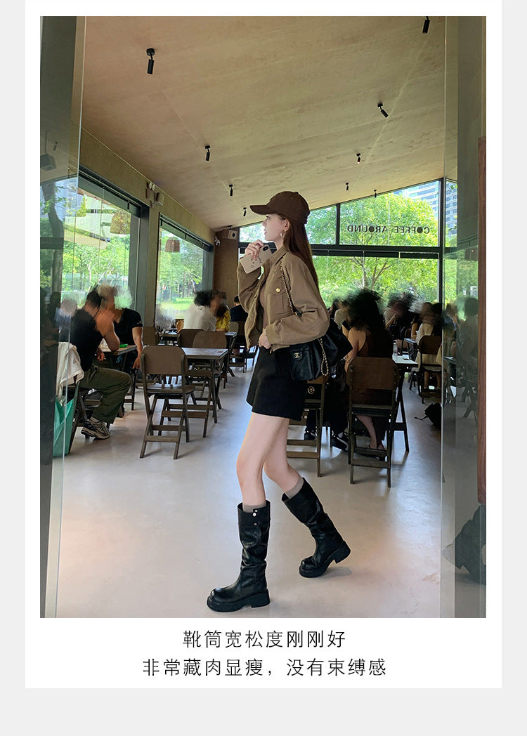 Grape Mom's Same Style in Stock~ Increase Height by 5cm~ Three-Dimensional Round Toe Thick-Soled Chunky Heel Snap-Button Riding Boots for Women