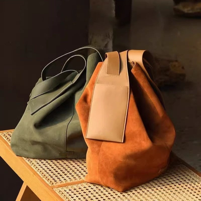In-Stock Songshanxia Suede Ear-Hanging Tote Bag, Large Capacity Bucket Bag, Versatile for Commuting, Single Shoulder Crossbody Bag for Women