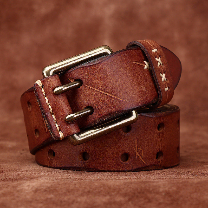 Retro Korean Style Trendyy Stylish Ins Double Pin Buckle Belt Men's Genuine Leather New Young People's Jeans Belt