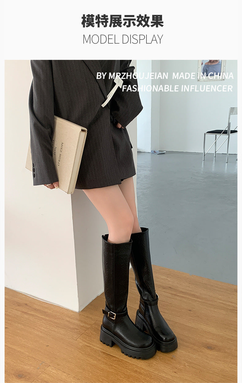 Maillard Thick-Soled Long Boots for Women 2025 Autumn and Winter New Style Small Inner Heightening Over-The-Knee Knight Boots