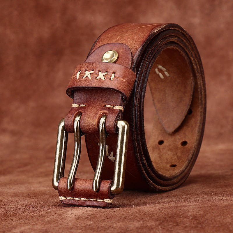 Retro Korean Style Trendyy Stylish Ins Double Pin Buckle Belt Men's Genuine Leather New Young People's Jeans Belt
